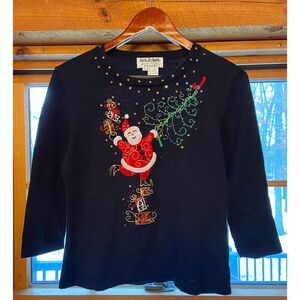 Vtg Jack B Quick Santa Christ Tree‎ Embroider Embellish Blk LP Knit Top  Sweater